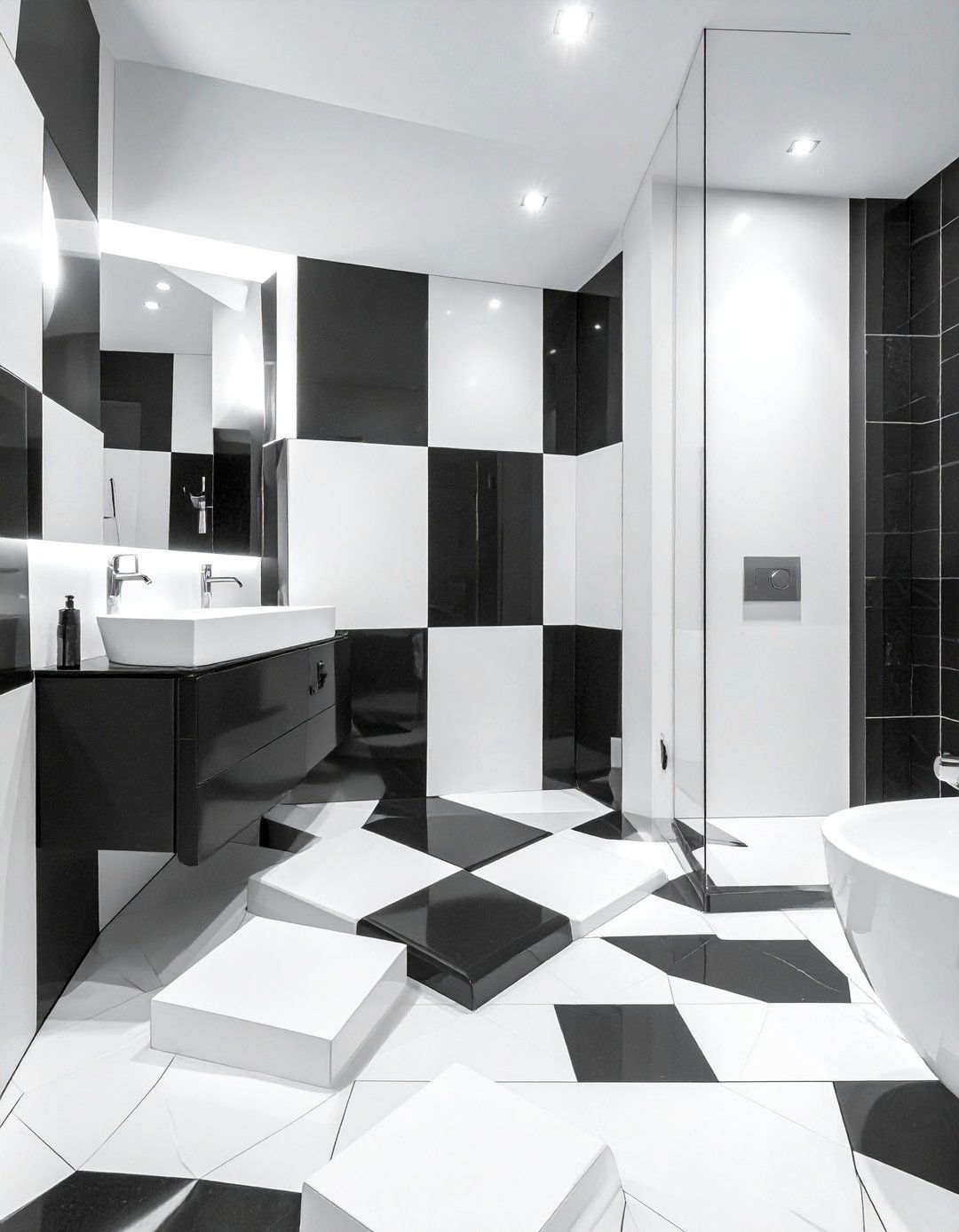 3D Optical Illusion Black and White Bathroom Tile - 20 Black and White Bathroom Tile Ideas for a Sleek Look