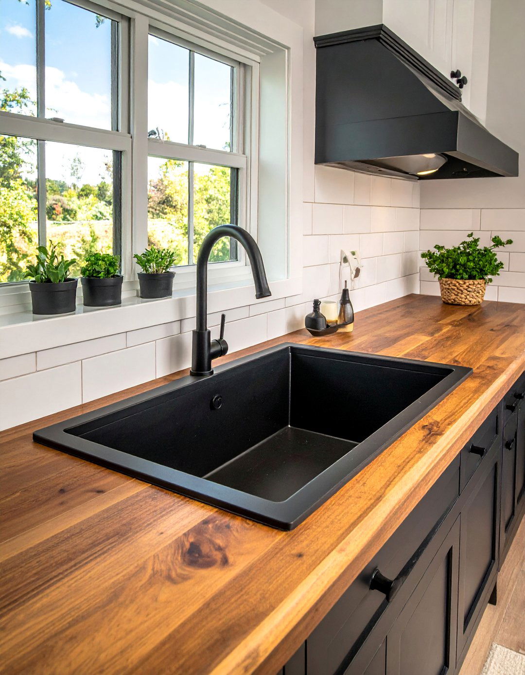 A Black Farmhouse Sink in a Brown Countertop - 20 Black and Brown Kitchen Ideas for a Warm Aesthetic