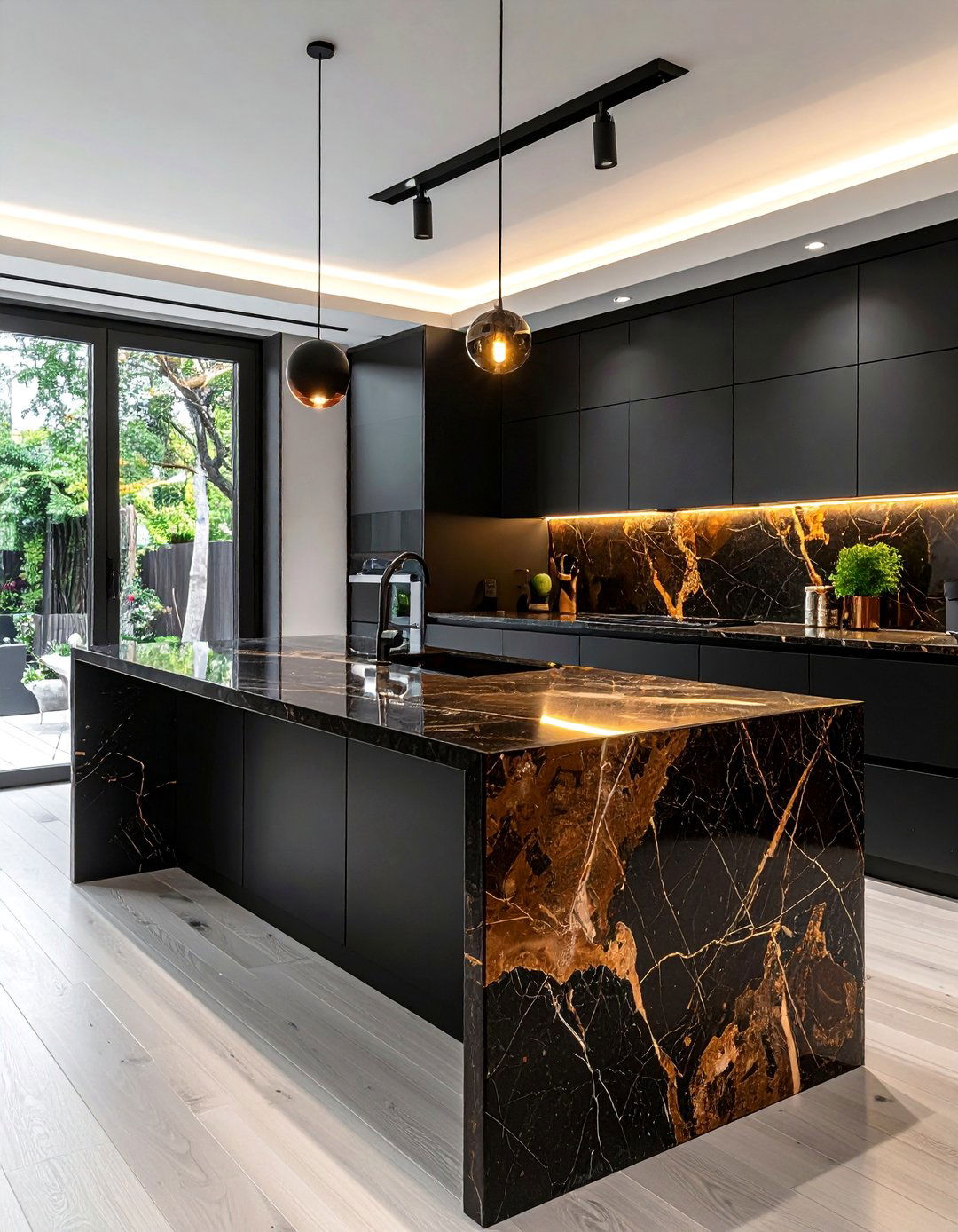 A Black Island with a Brown Waterfall Countertop - 20 Black and Brown Kitchen Ideas for a Warm Aesthetic