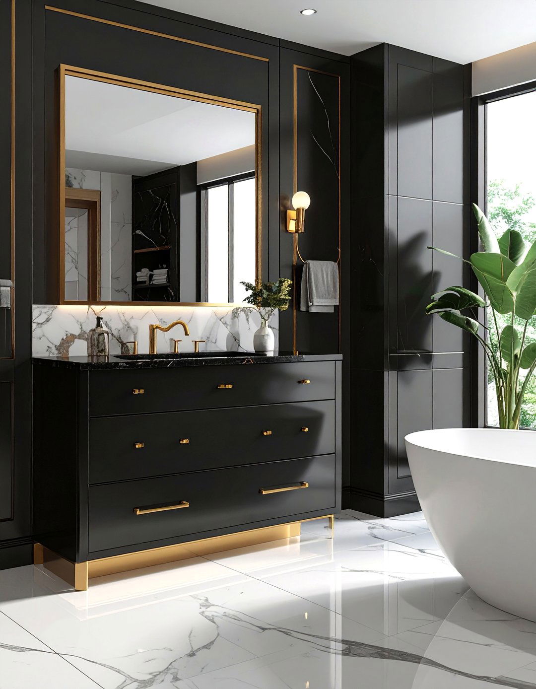 A Black Vanity Featuring Gold Accents - 20 Black Vanity Bathroom Ideas for a Modern Touch