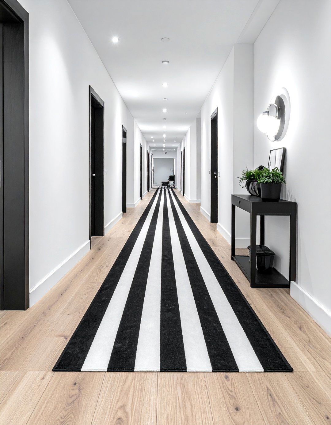 A Bold Black and White Striped Runner Rug - 20 Black and White Hallway Ideas for a Modern Look