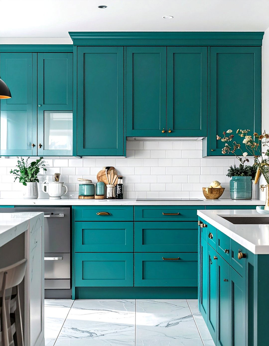 A Bold Teal Pantry Door - 20 Teal and White Kitchen Design Ideas for a Fresh Look