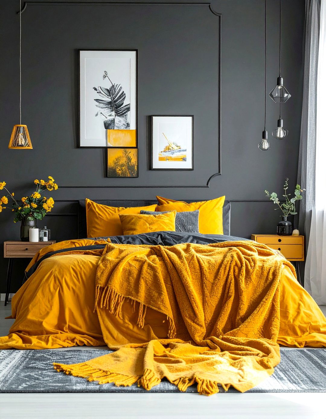 A Charcoal Bedroom with Vibrant Yellow Accents - 15 Charcoal Bedroom Ideas for a Sophisticated Retreat