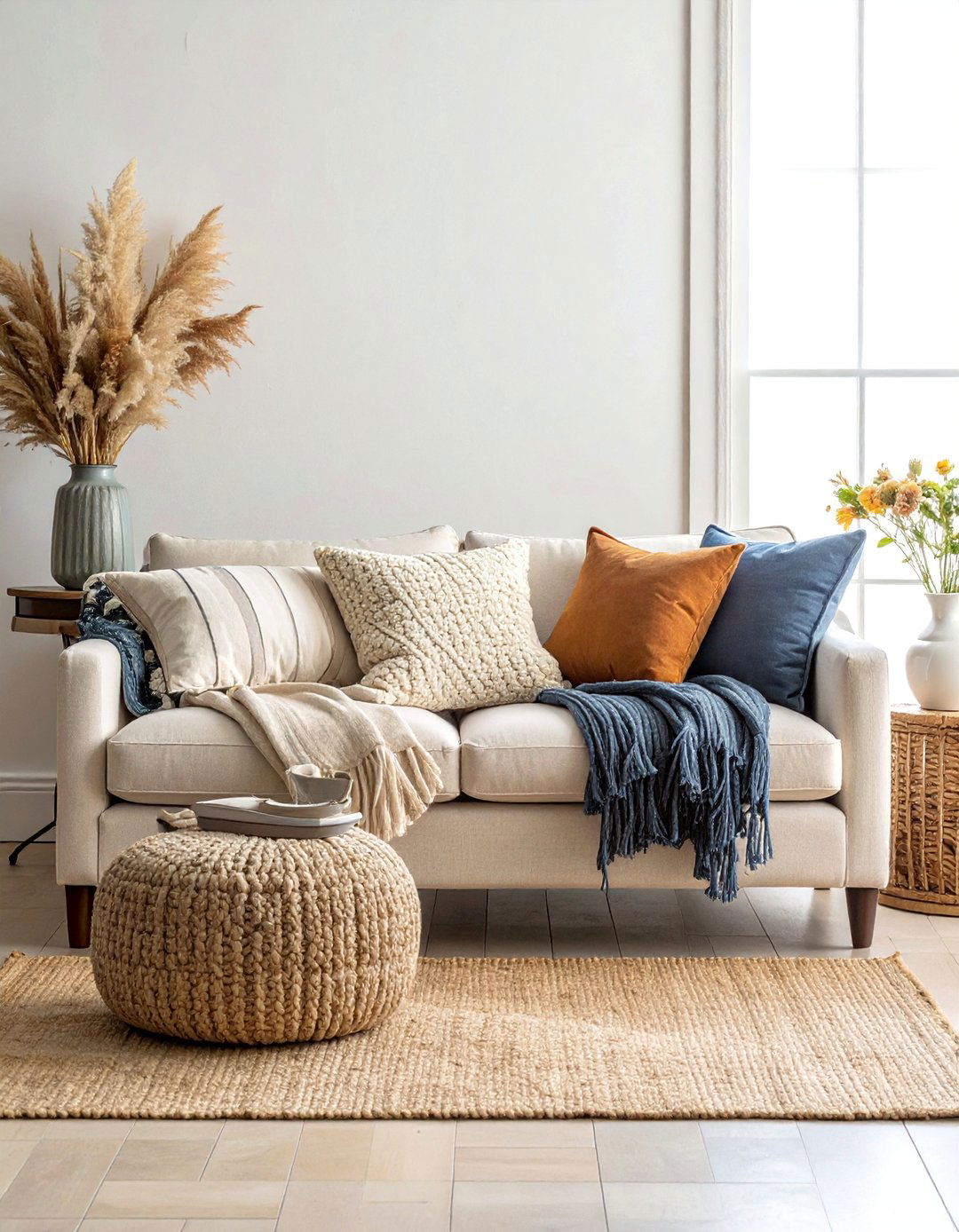 A Collection of Mismatched Throw Pillows - 25 Joanna Gaines Living Room Ideas for Farmhouse Style