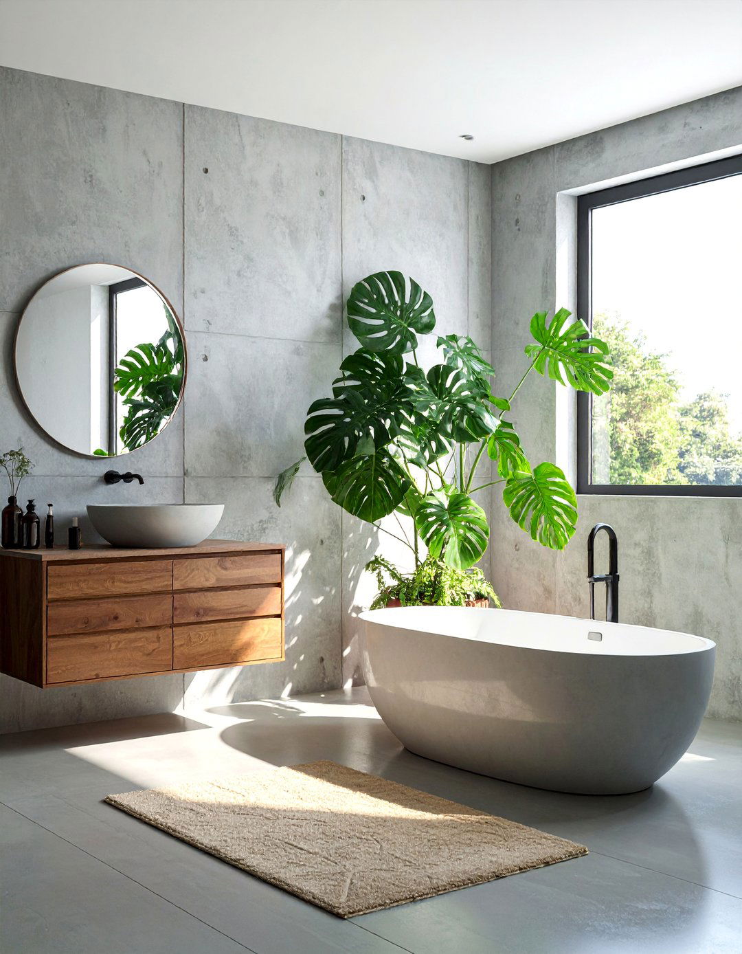 A Concrete Bathroom Paired With Greenery - 30 Concrete Bathroom Ideas for a Modern Look