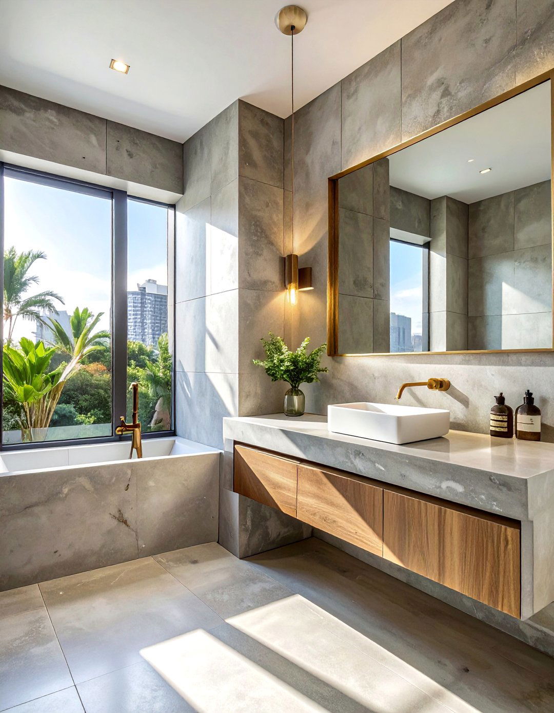 A Concrete Bathroom With Brass Fixtures - 30 Concrete Bathroom Ideas for a Modern Look