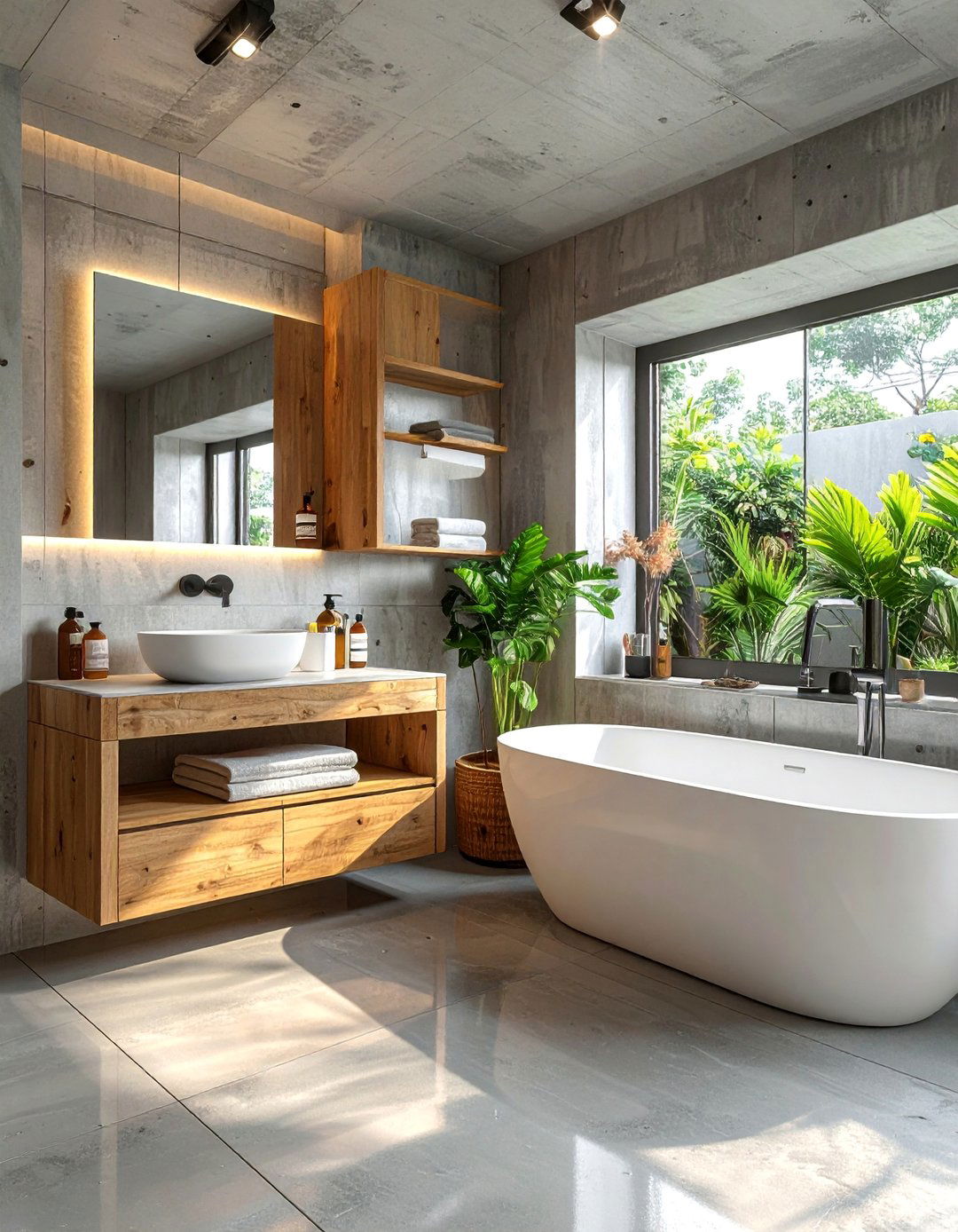 A Concrete Bathroom With Wood Accents - 30 Concrete Bathroom Ideas for a Modern Look