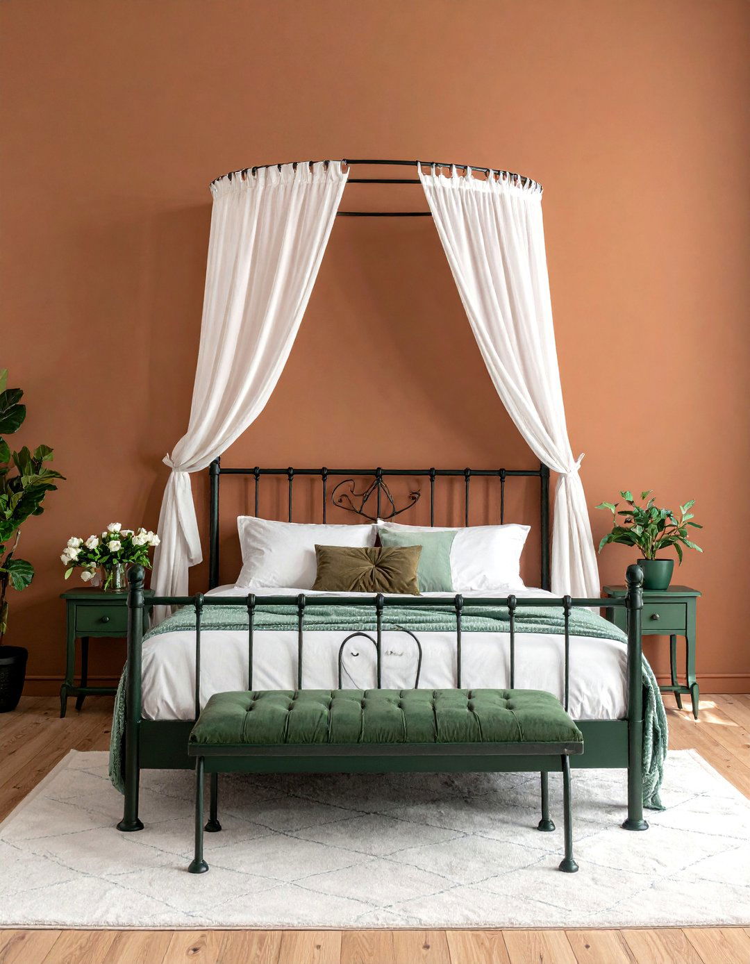 A Dark Green Canopy Bed in a Brown Toned Room - 20 Green and Brown Bedroom Ideas for a Natural Look