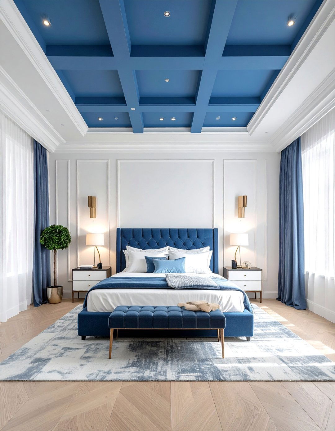 A Dramatic Blue Coffered Ceiling - 25 Luxury Blue Bedroom Ideas for a Serene Retreat