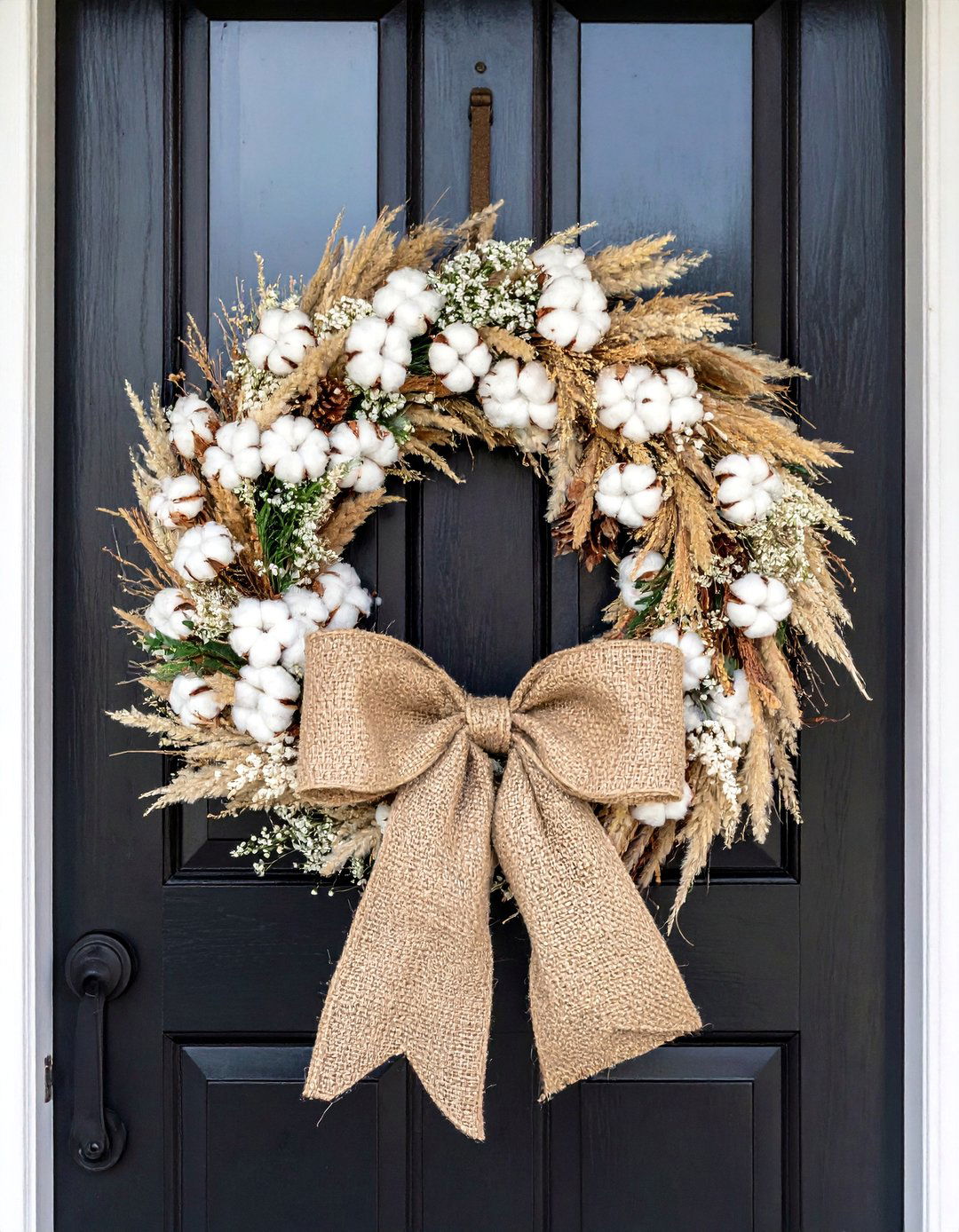 A Farmhouse Style Cotton and Burlap Wreath - 15 Summer Front Door Decor Ideas for a Welcoming Entry