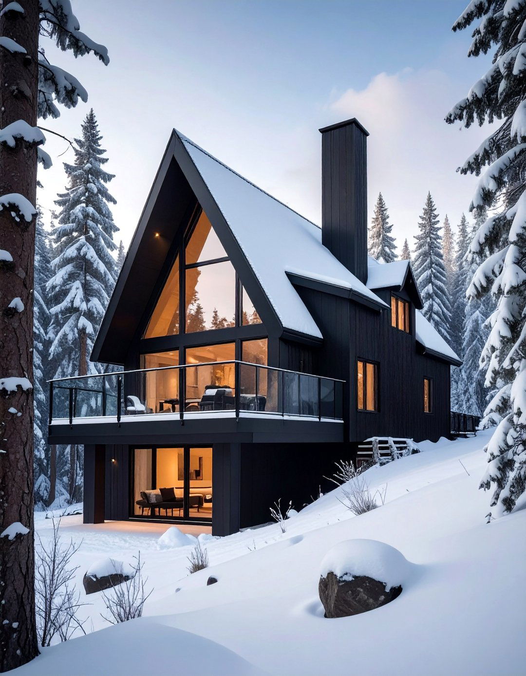 A Frame House With a Black Clad Exterior and Balcony - 20 A-Frame House With Balcony Design Ideas