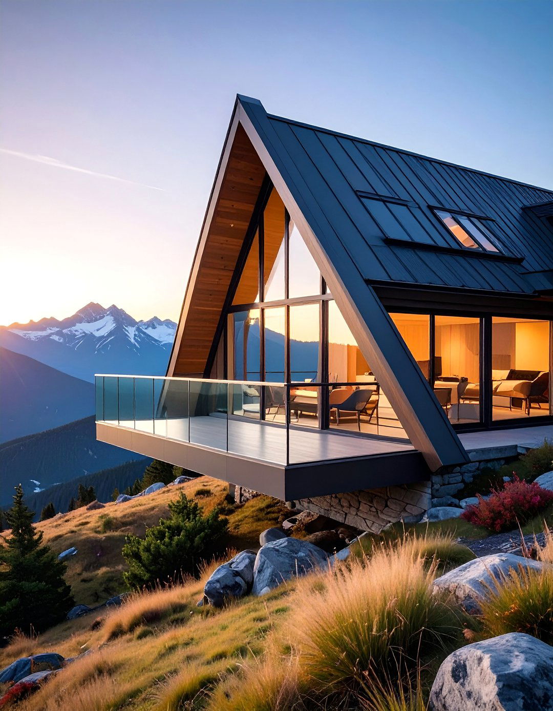 A Frame House With a Glass Railing Balcony - 20 A-Frame House With Balcony Design Ideas