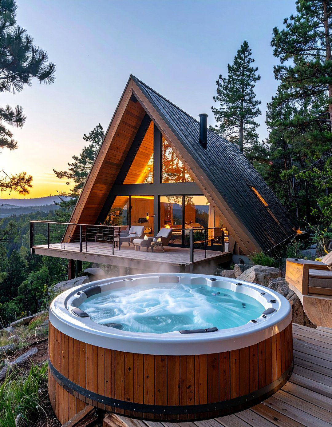 A Frame House With a Hot Tub Balcony Deck - 20 A-Frame House With Balcony Design Ideas