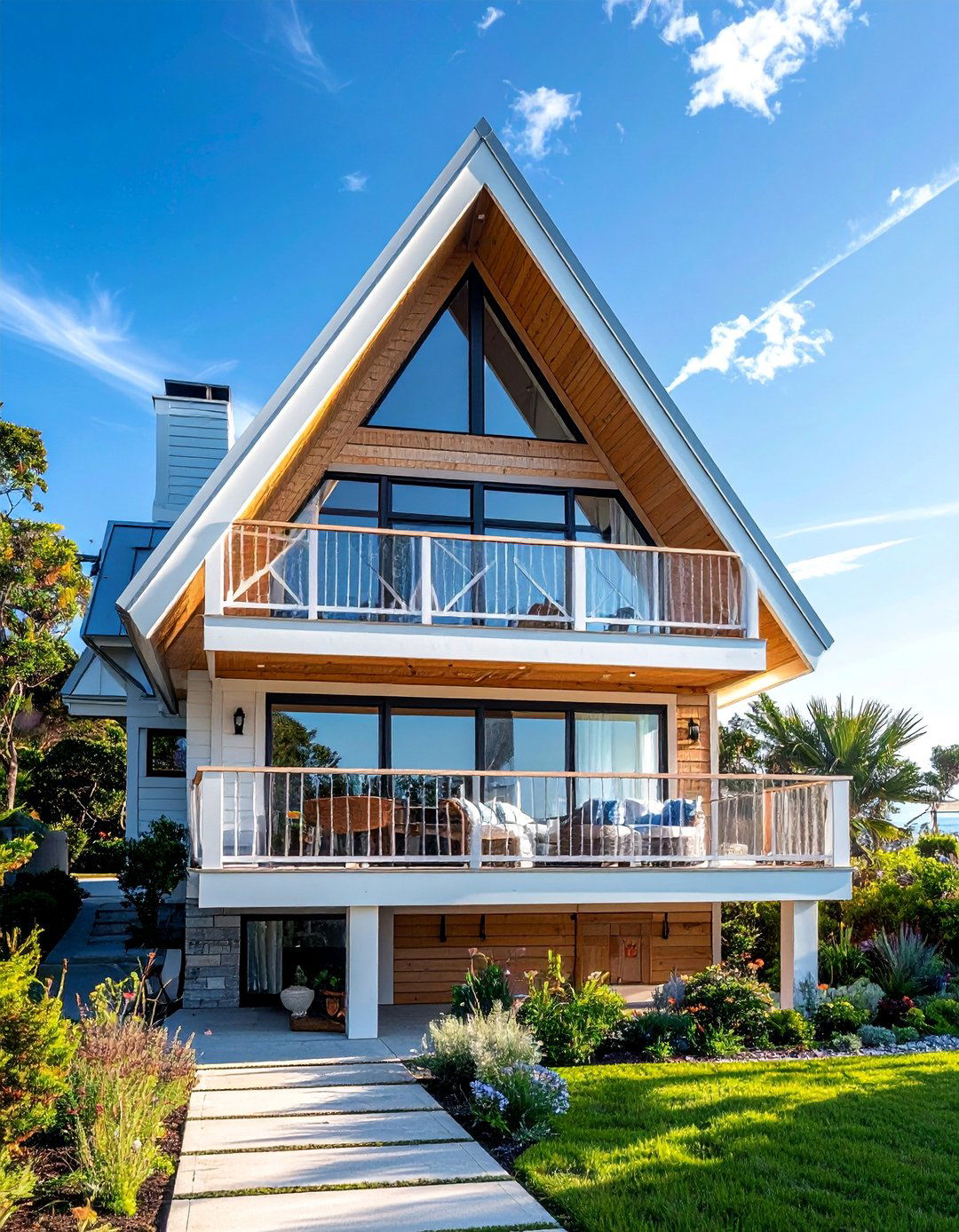A Frame House With a Light Wood and White Balcony