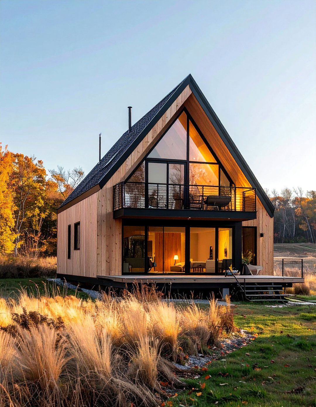 A Frame House With a Minimalist Metal Balcony - 20 A-Frame House With Balcony Design Ideas