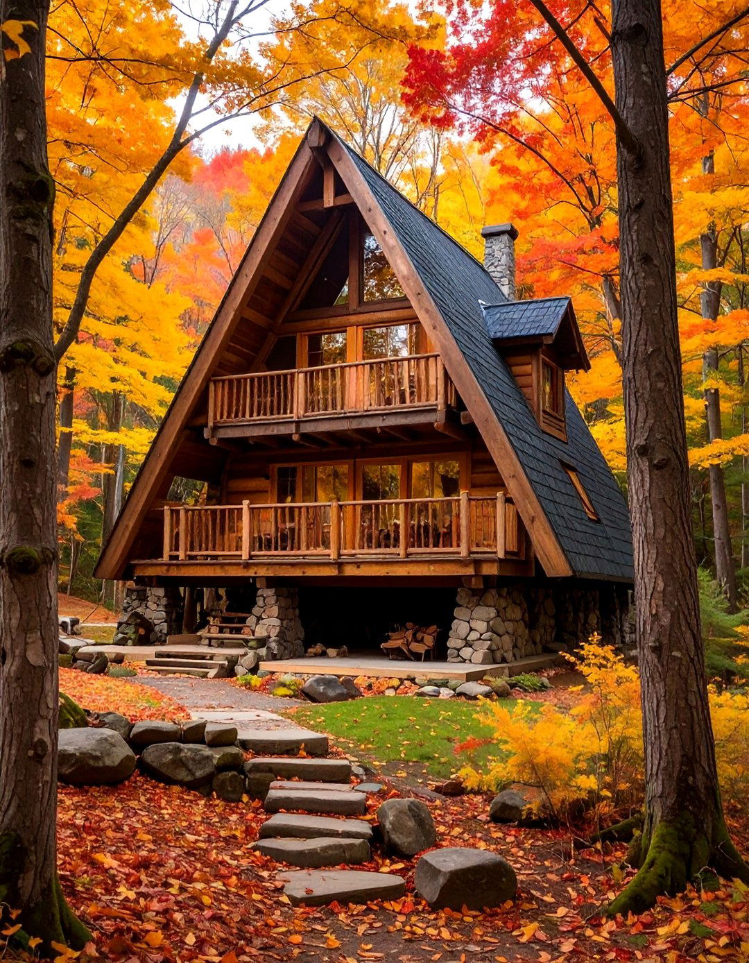 A Frame House With a Rustic Log Balcony - 20 A-Frame House With Balcony Design Ideas