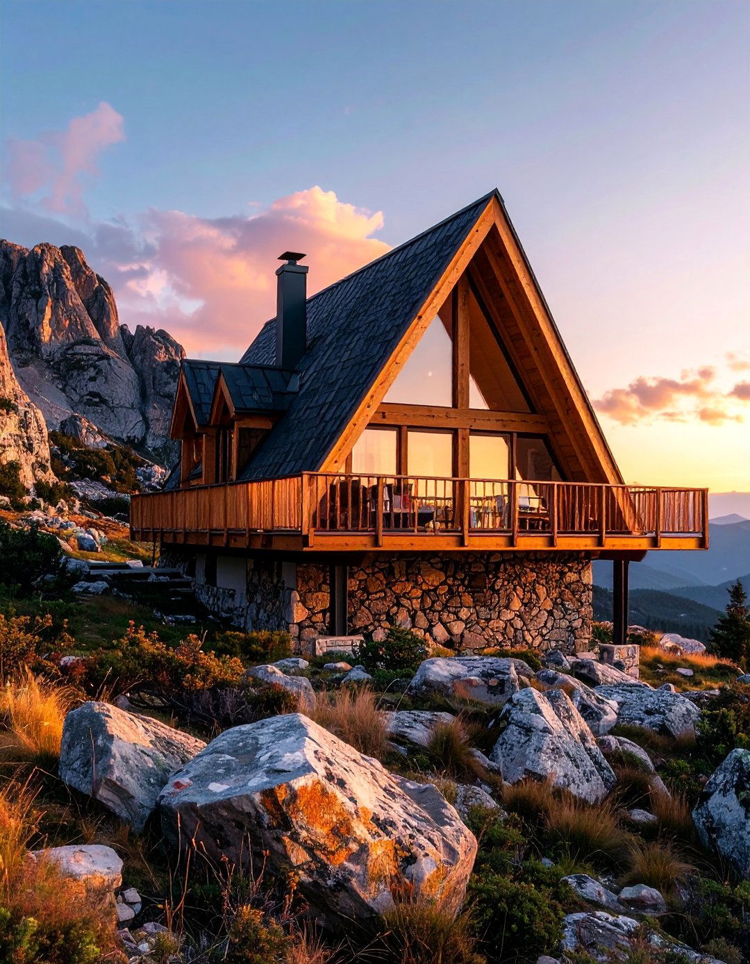 A Frame House With a Stone Foundation and Balcony - 20 A-Frame House With Balcony Design Ideas