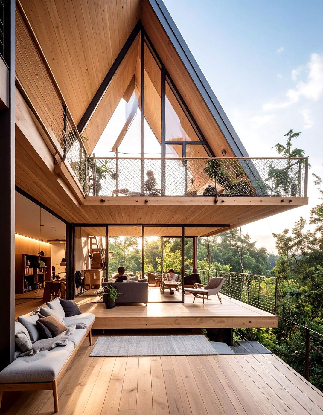 A Frame House With a Suspended Net Balcony - 20 A-Frame House With Balcony Design Ideas