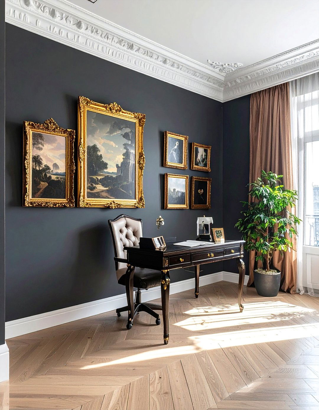 A Gallery Wall of Antique Portraits and Landscapes - 20 Dark Academia Home Office Ideas for a Moody Vibe