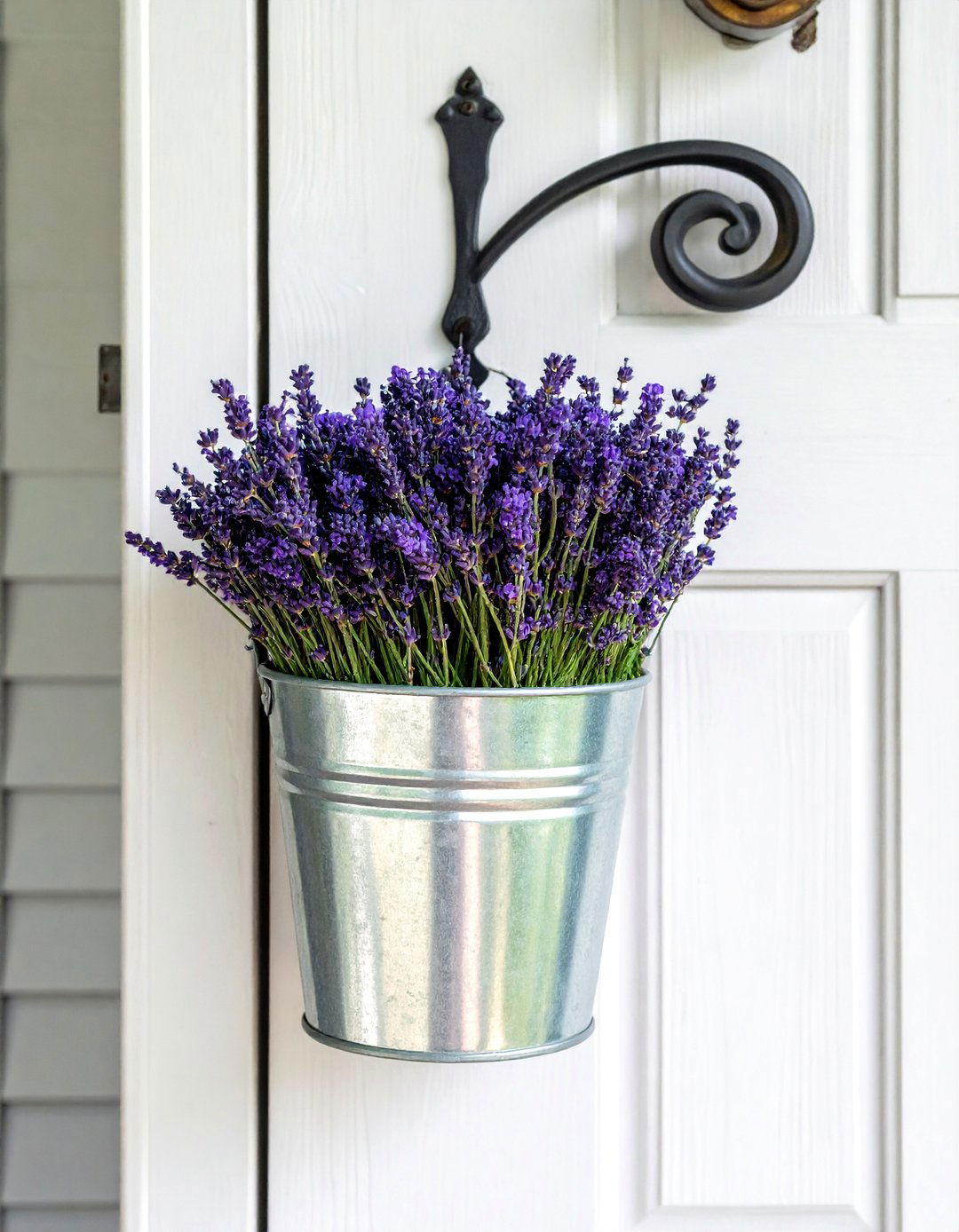 A Galvanized Metal Bucket with Lavender Stems - 15 Summer Front Door Decor Ideas for a Welcoming Entry