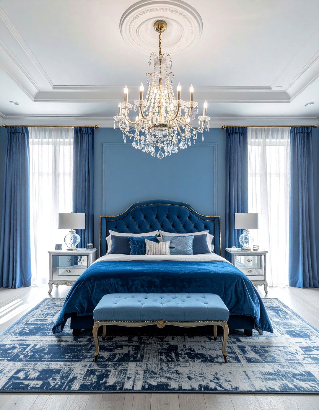 A Grand Chandelier in a Blue Bedroom - 25 Luxury Blue Bedroom Ideas for a Serene Retreat