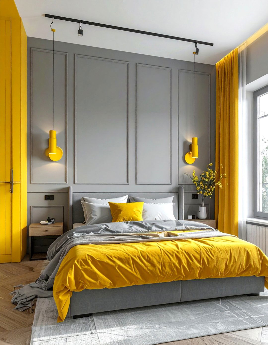 A Grey Paneled Wall with Yellow Bedside Sconces - 25 Yellow and Grey Bedroom Ideas for Modern Interiors