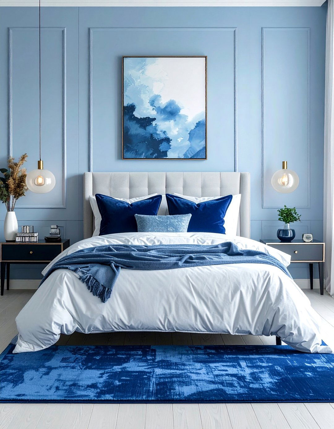 A Light Blue Bedroom with Deep Navy Accents - 25 Light Blue Bedroom Ideas for a Calming Retreat
