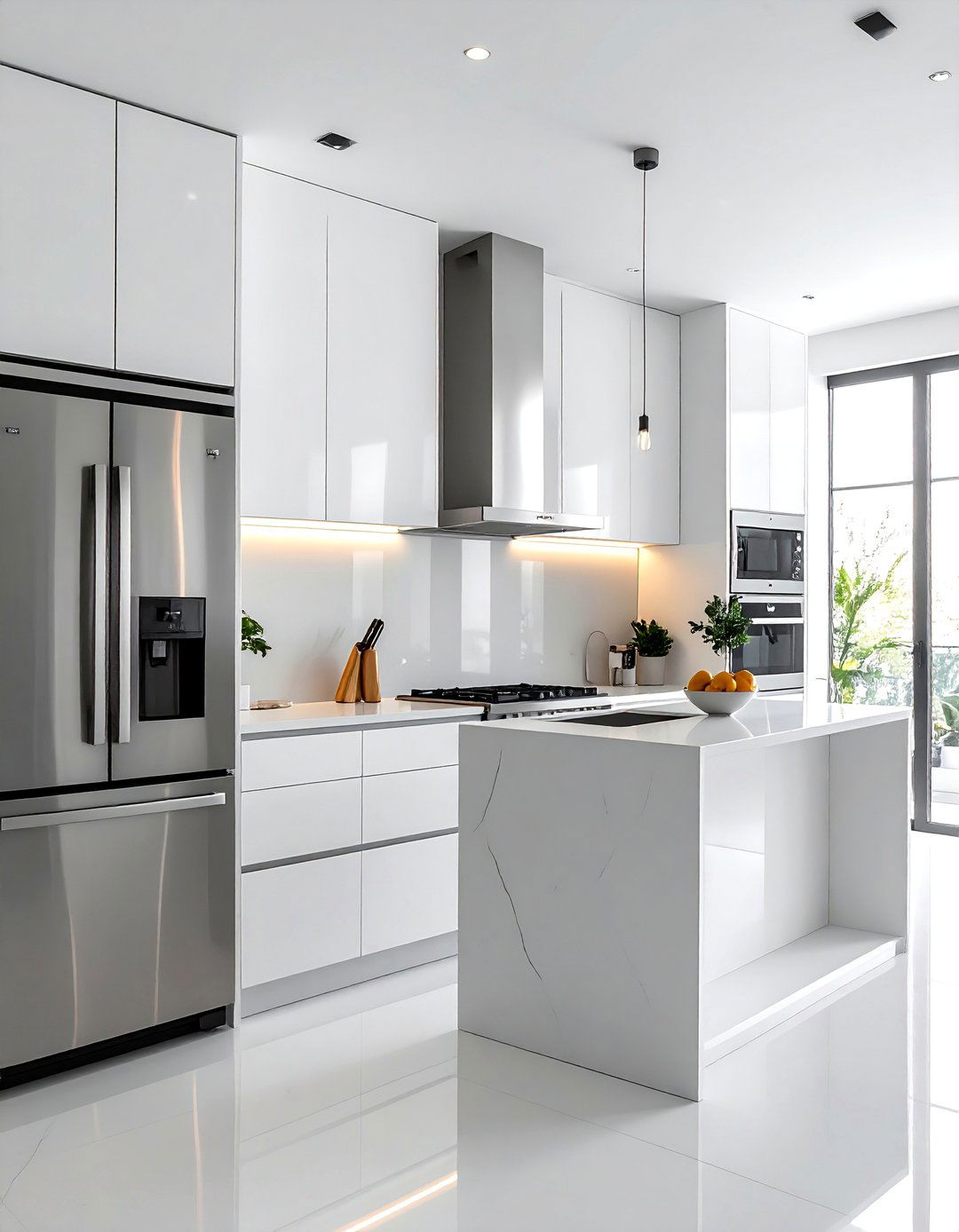 A Minimalist Kitchen with Handleless Cabinets and Stainless Steel Appliances - 25 Kitchens With Stainless Steel Appliances Ideas