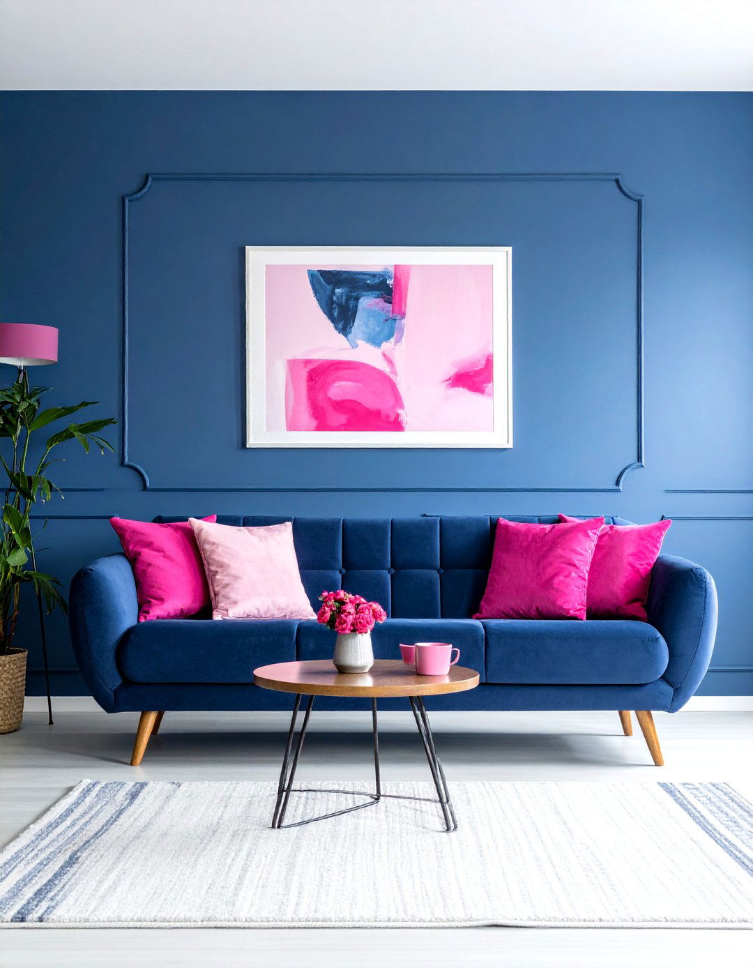 A Monochromatic Blue Living Room with Pops of Hot Pink - 15 Pink and Blue Living Room Ideas for a Cozy Vibe