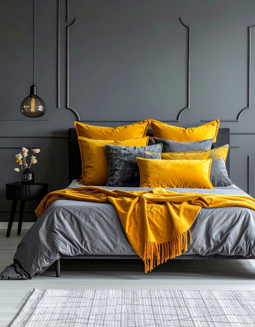 A Muted Ochre and Slate Grey Bedroom for a Sophisticated Look - 25 Yellow and Grey Bedroom Ideas for Modern Interiors