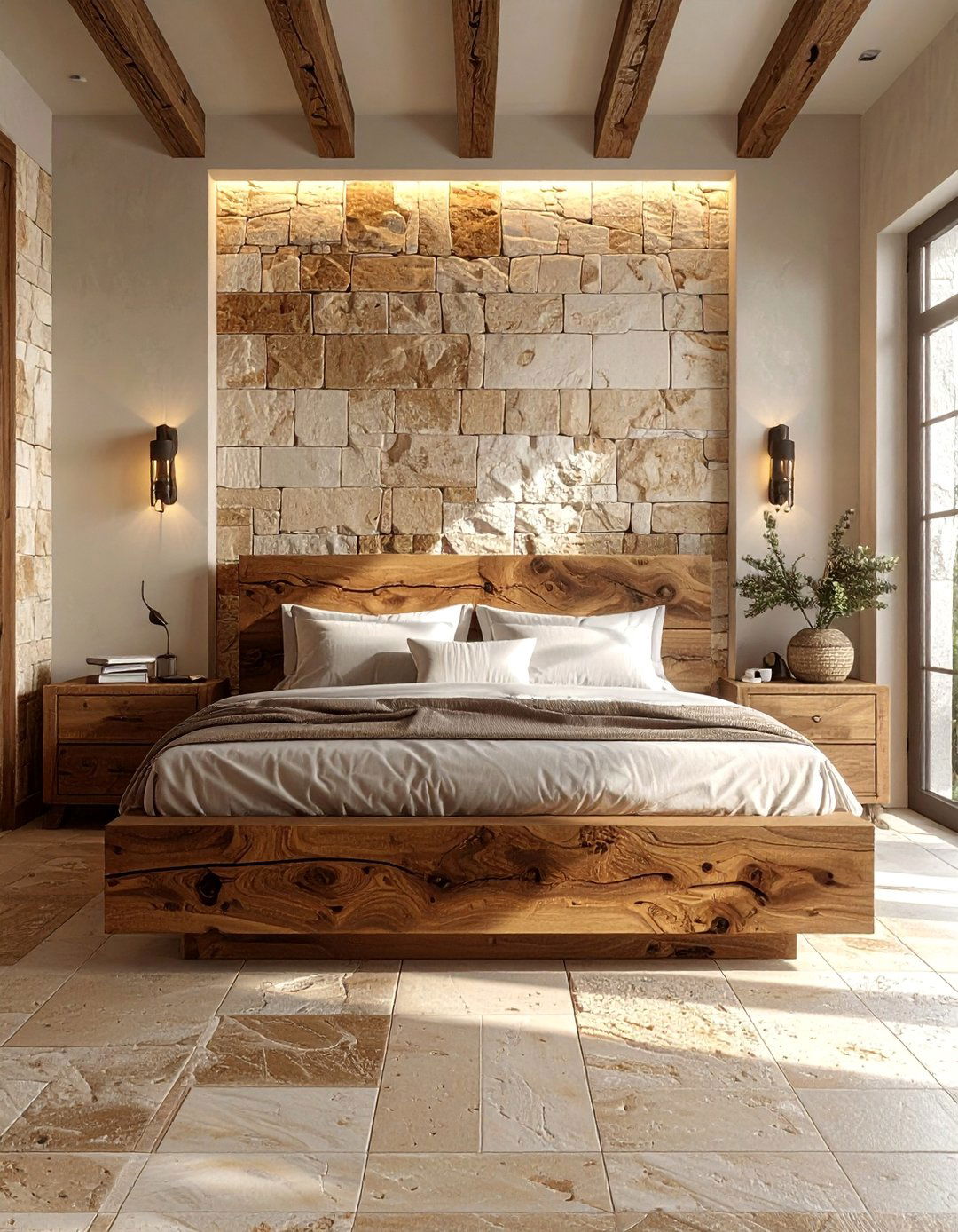 A Natural Stone Accent Wall - 20 Tuscan Bedroom Ideas for a Warm and Inviting Space