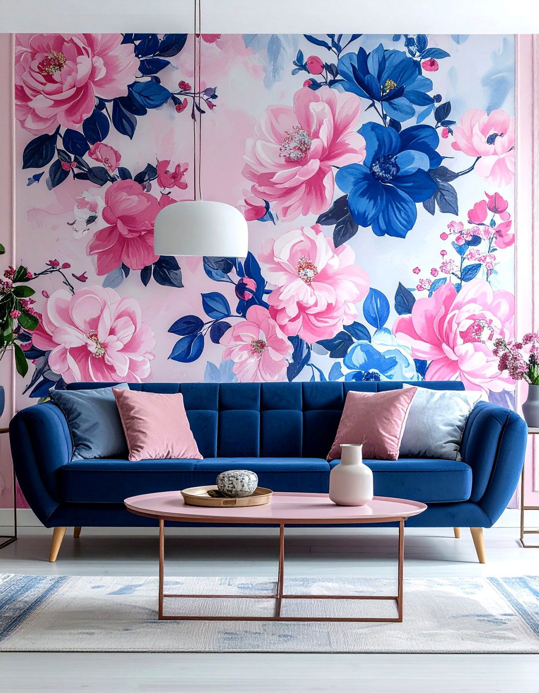 A Pink and Blue Living Room Featuring Floral Wallpaper - 15 Pink and Blue Living Room Ideas for a Cozy Vibe