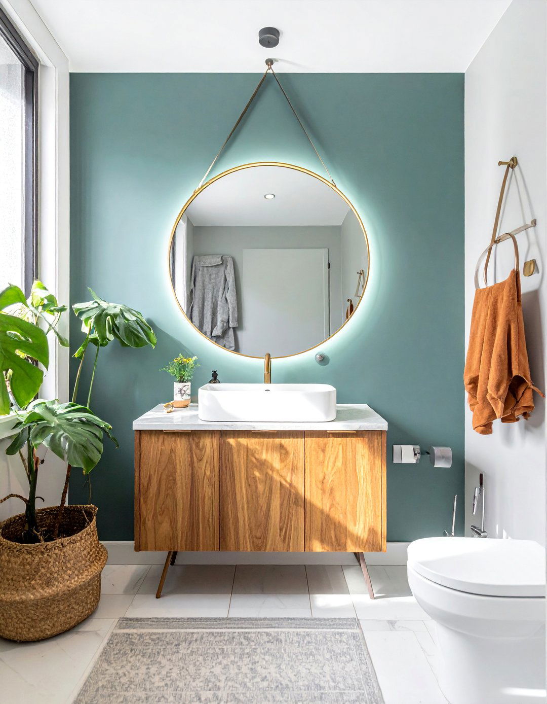 A Round Mirror in a Small Ensuite Design - 25 Small Ensuite Design Ideas for Stylish Spaces