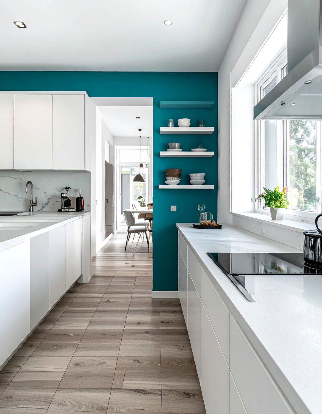 A Single Teal Accent Wall - 20 Teal and White Kitchen Design Ideas for a Fresh Look