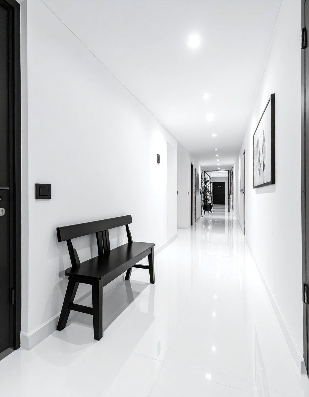 A Singular Black Bench in an All White Hallway - 20 Black and White Hallway Ideas for a Modern Look