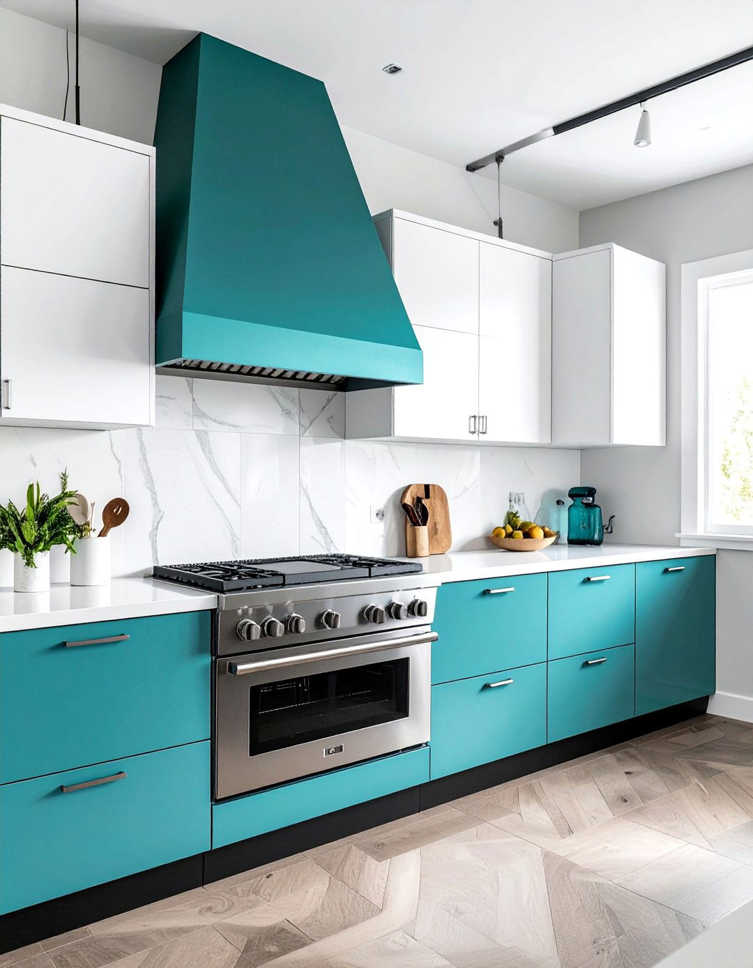 A Striking Teal Range Hood - 20 Teal and White Kitchen Design Ideas for a Fresh Look