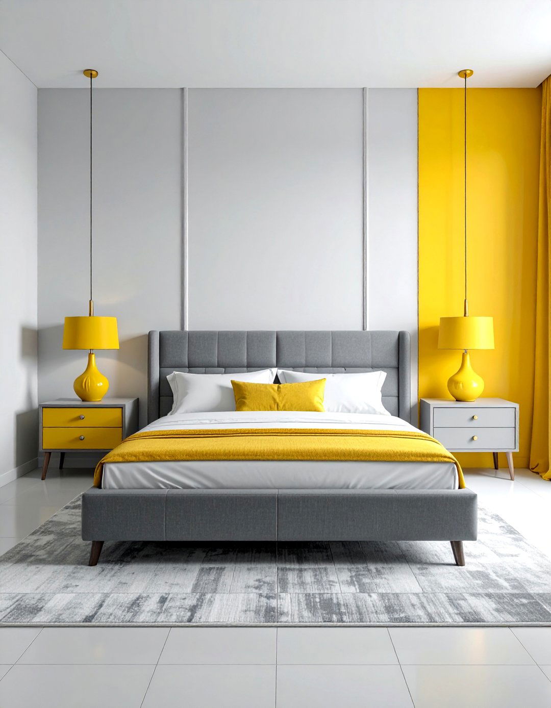 A Symmetrical Yellow and Grey Bedroom Layout - 25 Yellow and Grey Bedroom Ideas for Modern Interiors