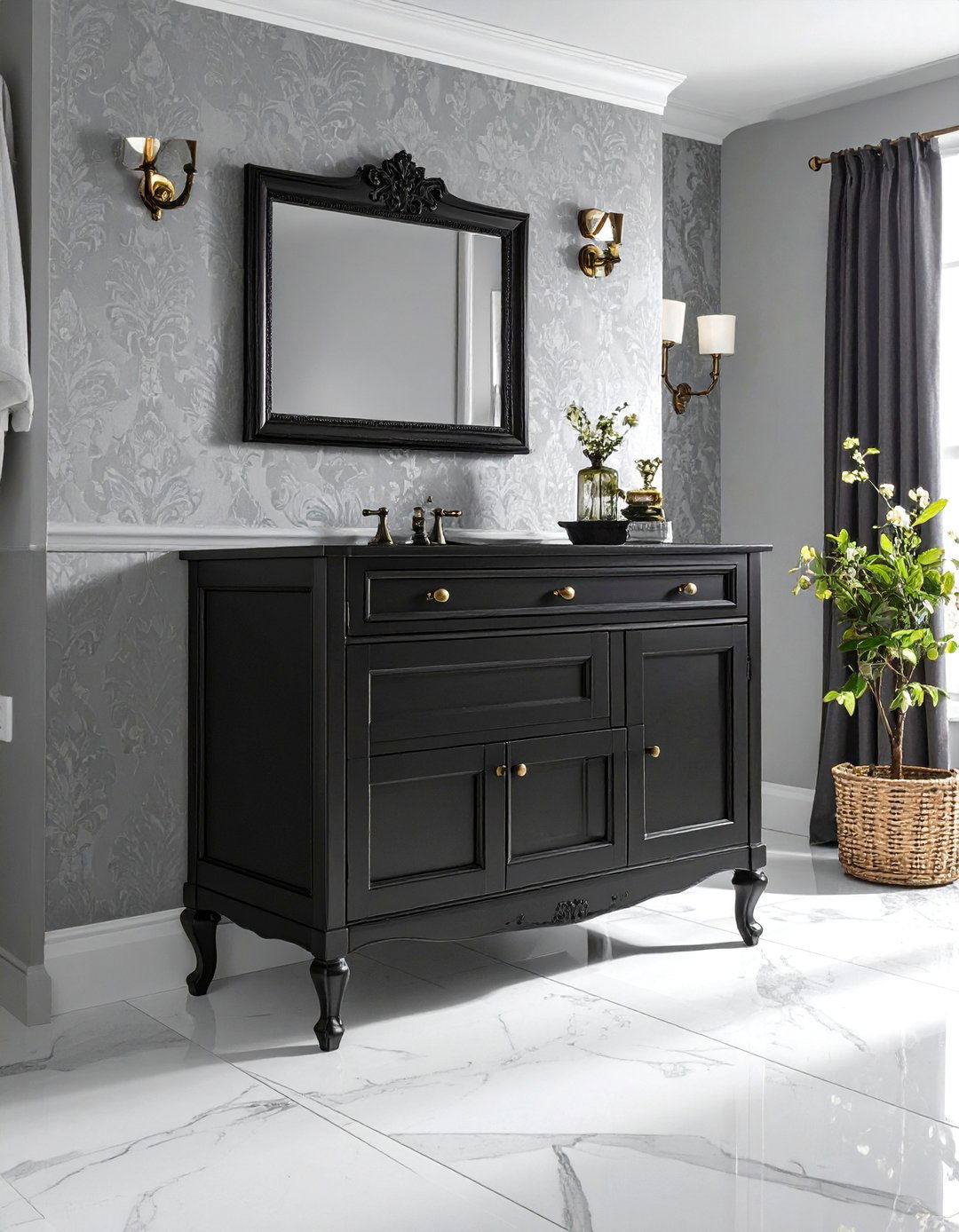 A Traditional Black Vanity with Ornate Details - 20 Black Vanity Bathroom Ideas for a Modern Touch