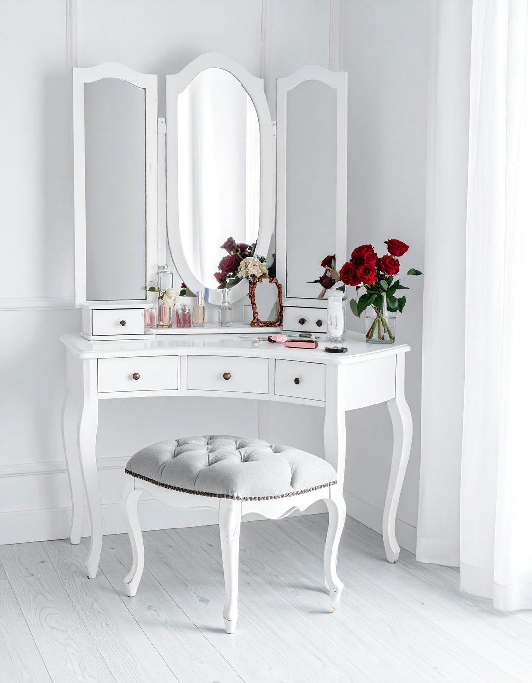 A Vanity Table with a Tri Fold Mirror for a Shabby Chic Bedroom - 20 Shabby Chic Bedroom Ideas for Timeless Elegance