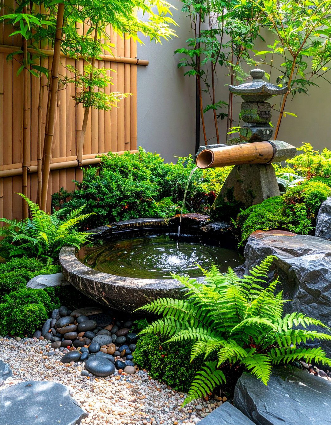 A Zen Garden with a Shishi Odoshi Feature - 20 Small Zen Garden Ideas for a Peaceful Outdoor Retreat