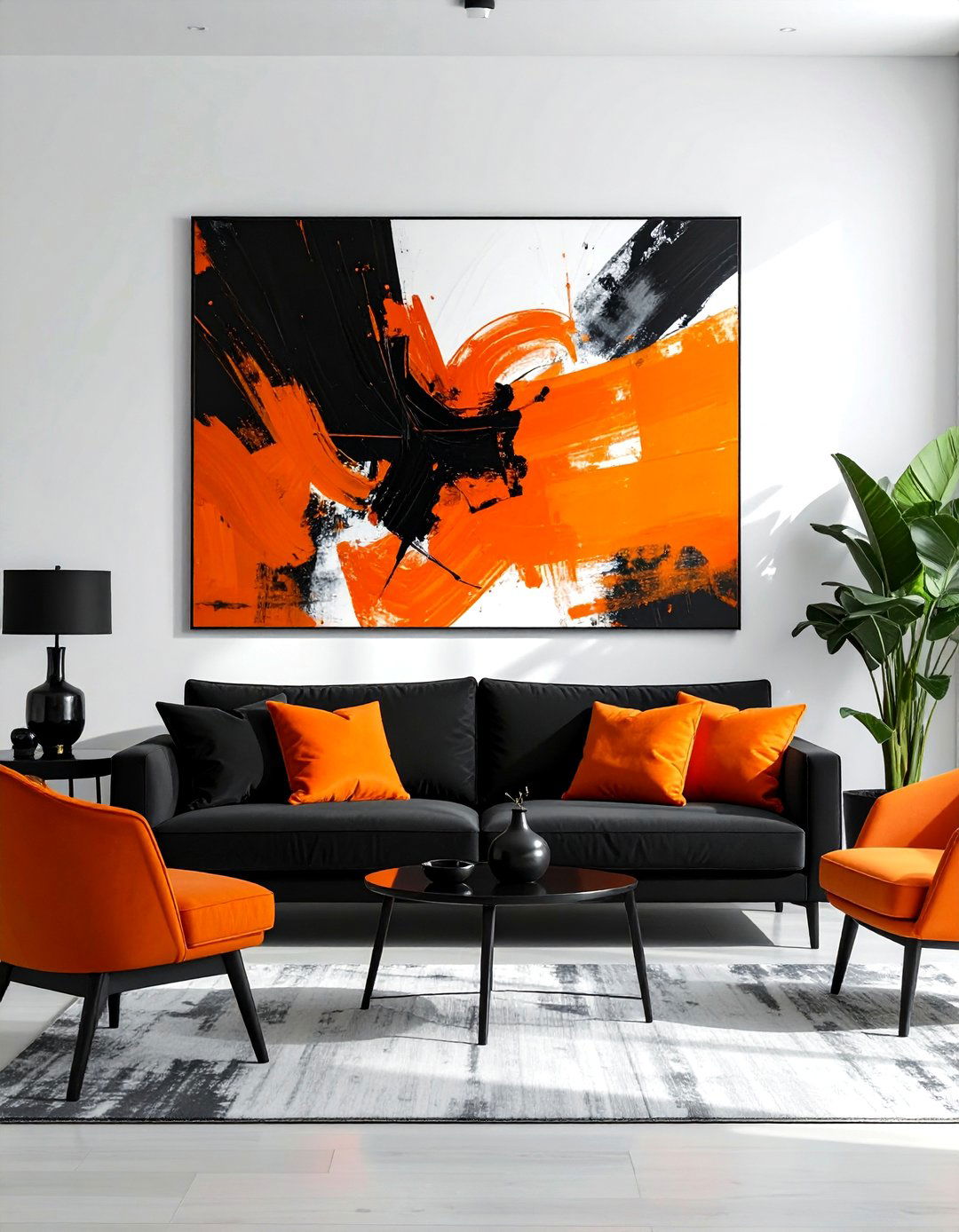 Abstract Art as the Focal Point in a Black and Orange Living Room - 20 Black and Orange Living Room Ideas for Bold Interiors