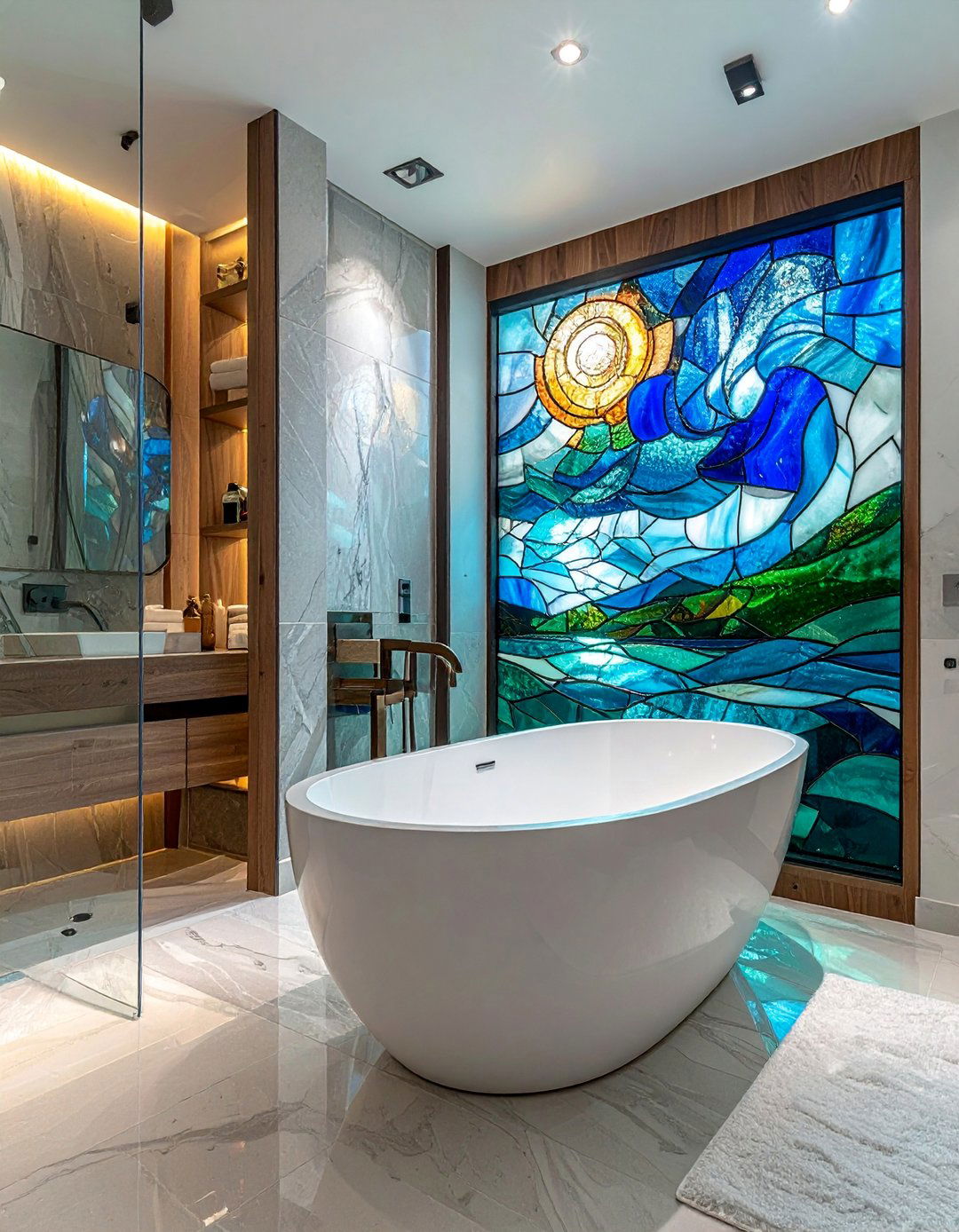 Abstract Seascape Stained Glass for a Walk In Shower Bathtub Combo - 20 Stained Glass Bathtub Ideas for a Luxurious Bathroom