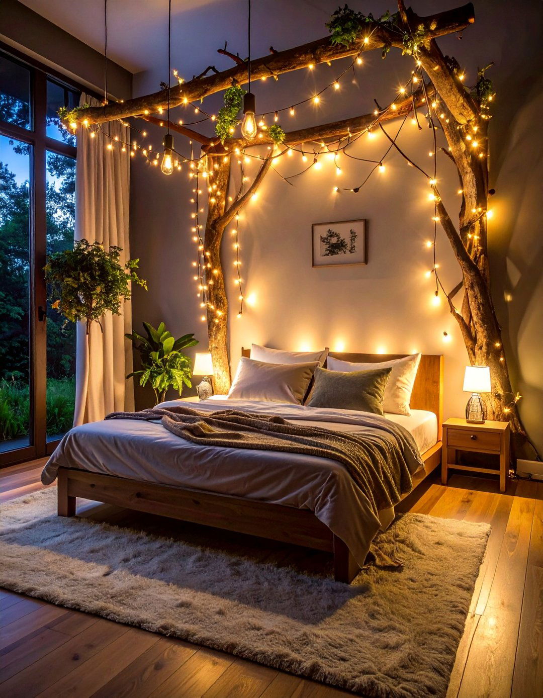 Ambient Lighting with Twinkle Lights - 20 Forest-Themed Bedroom Ideas for a Nature-Inspired Retreat