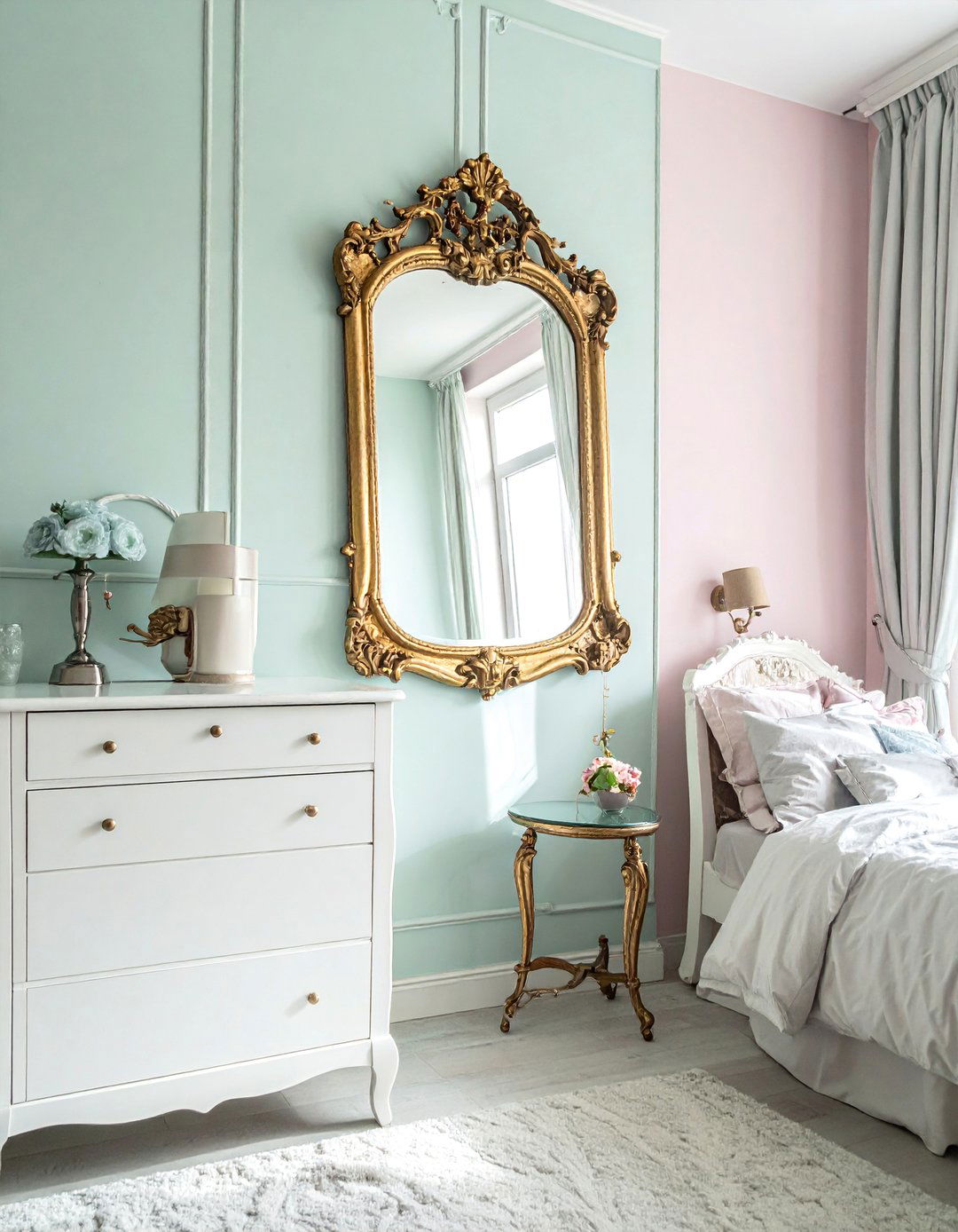 An Antique Inspired Ornate Mirror for a Shabby Chic Bedroom - 20 Shabby Chic Bedroom Ideas for Timeless Elegance