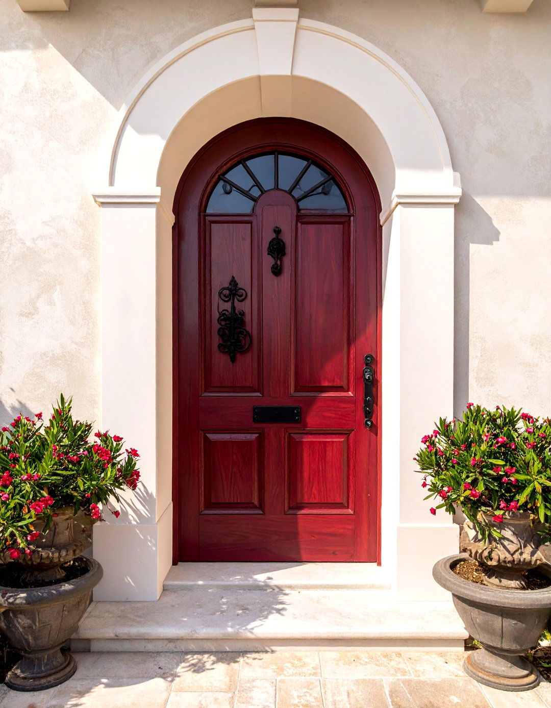 Arched Cherry Stained Front Door with Wrought Iron - 25 Elegant Stained Front Door Ideas for Curb Appeal
