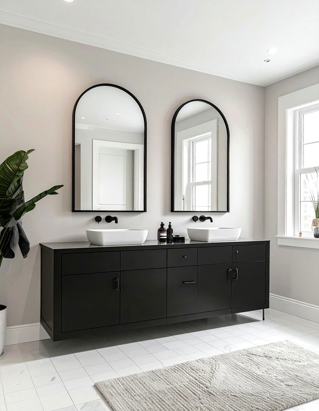 Arched Mirrors Above a Black Vanity - 20 Black Vanity Bathroom Ideas for a Modern Touch