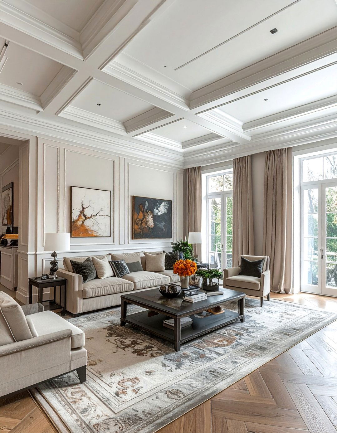 Architectural Molding Details - 25 High Ceiling Living Room Ideas to Maximize Your Space