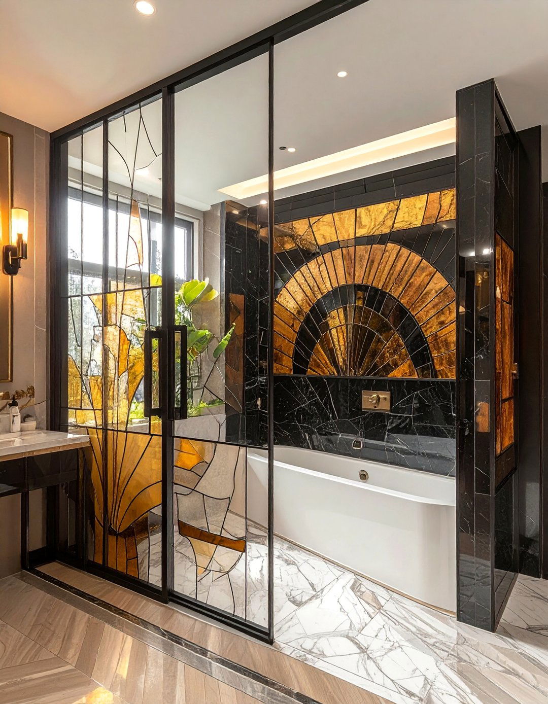 Art Deco Fan Motif Stained Glass Shower Door - 20 Stained Glass Bathtub Ideas for a Luxurious Bathroom