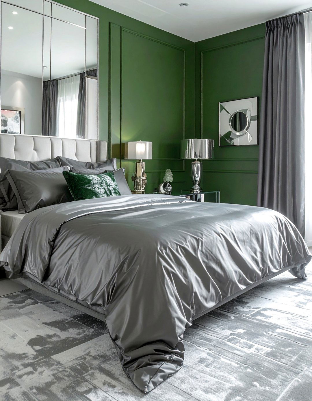 Art Deco Glamour with Hunter Green and Silver Grey - 20 Green and Grey Bedroom Ideas for a Serene Retreat