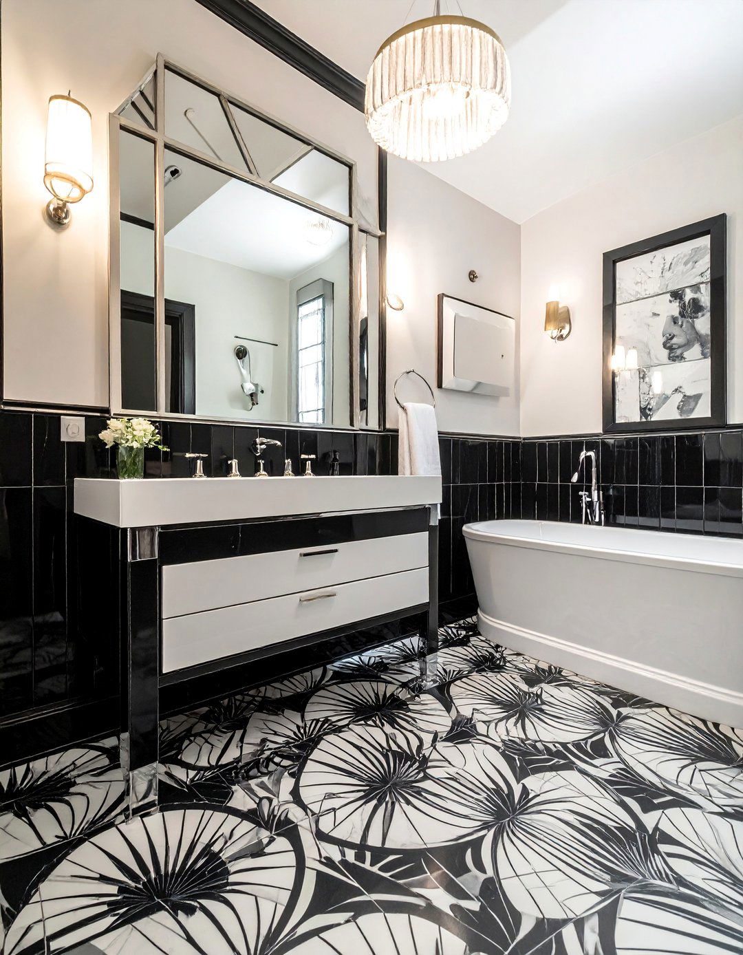 Art Deco Inspired Black and White Powder Room - 20 Black and White Powder Room Ideas for Modern Homes